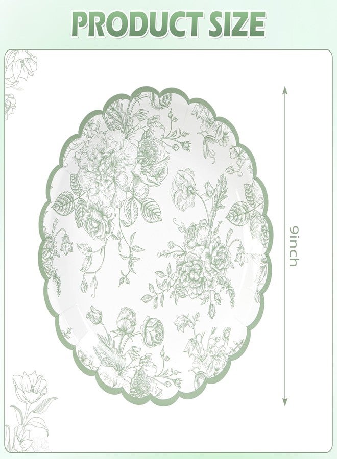 Elyxio Sage Green Floral Paper Plates Toile Scalloped Party Plate 9in - Image 2