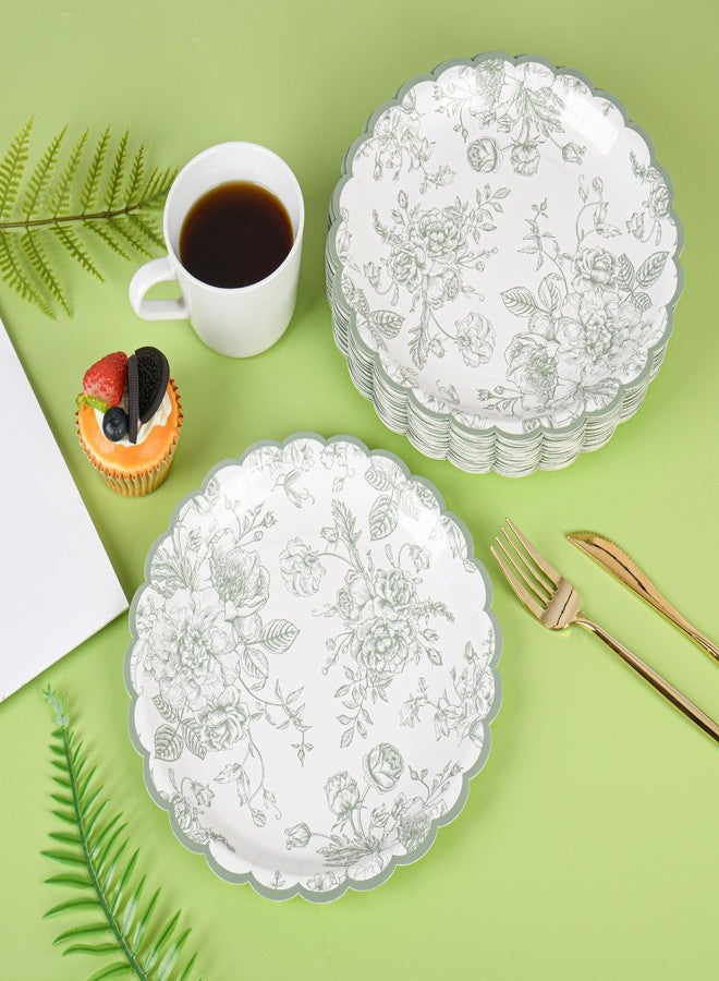 Elyxio Sage Green Floral Paper Plates Toile Scalloped Party Plate 9in - Image 3