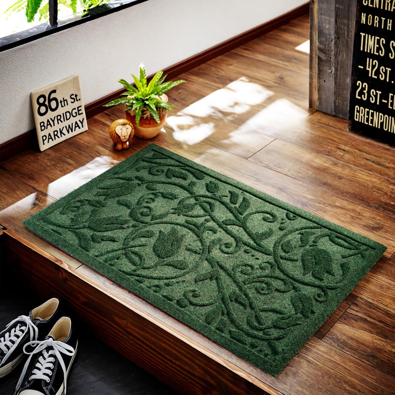 VivaNest Boho Green Floral Leaves Outdoor Indoor Entrance Doormats, Absorbent Durable Heavy Duty Welcome Front Door Mat,Thick Natural Rubber Back,Easy Clean Entryway Mat 17x30 Inch, Low Profile - Image 3