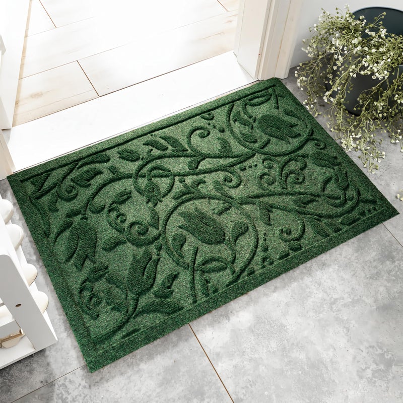 VivaNest Boho Green Floral Leaves Outdoor Indoor Entrance Doormats, Absorbent Durable Heavy Duty Welcome Front Door Mat,Thick Natural Rubber Back,Easy Clean Entryway Mat 17x30 Inch, Low Profile - Image 1