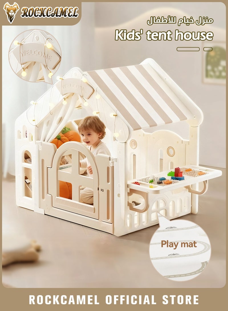 ROCKCAMEL منزل ألعاب أطفال 3 في 1 بسجادة لعب بسُمك 2 سم وطاولة مكعبات وخزانة تخزين، خيمة قلعة داخلية بقفل باب، منزل ألعاب محمول للبنين والبنات، قاعدة سرية للقراءة واللعب (147 × 85 × 118.5 سم) - Image 1