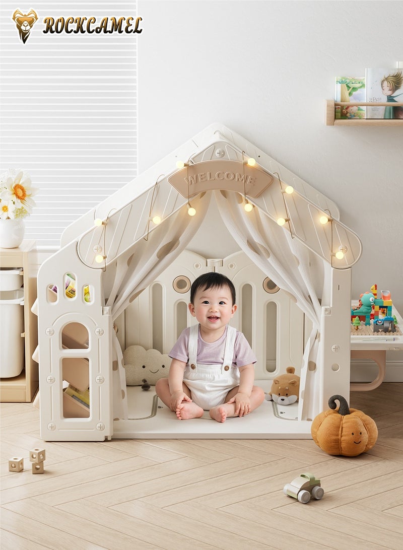 ROCKCAMEL منزل ألعاب أطفال 3 في 1 بسجادة لعب بسُمك 2 سم وطاولة مكعبات وخزانة تخزين، خيمة قلعة داخلية بقفل باب، منزل ألعاب محمول للبنين والبنات، قاعدة سرية للقراءة واللعب (147 × 85 × 118.5 سم) - Image 2