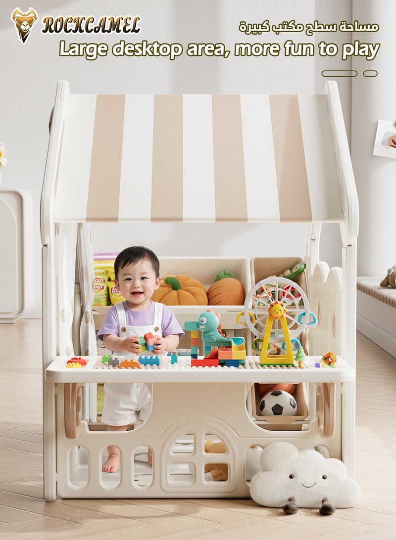 ROCKCAMEL منزل ألعاب أطفال 3 في 1 بسجادة لعب بسُمك 2 سم وطاولة مكعبات وخزانة تخزين، خيمة قلعة داخلية بقفل باب، منزل ألعاب محمول للبنين والبنات، قاعدة سرية للقراءة واللعب (147 × 85 × 118.5 سم) - Image 4