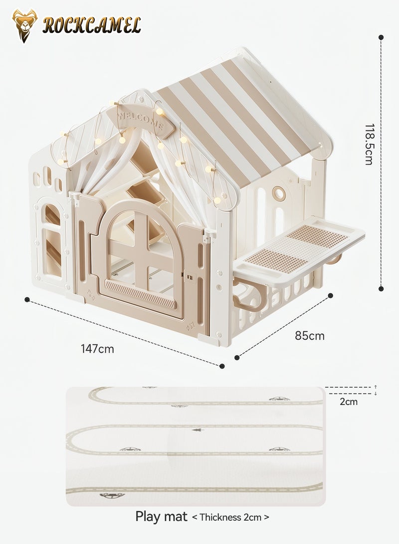 ROCKCAMEL منزل ألعاب أطفال 3 في 1 بسجادة لعب بسُمك 2 سم وطاولة مكعبات وخزانة تخزين، خيمة قلعة داخلية بقفل باب، منزل ألعاب محمول للبنين والبنات، قاعدة سرية للقراءة واللعب (147 × 85 × 118.5 سم) - Image 5