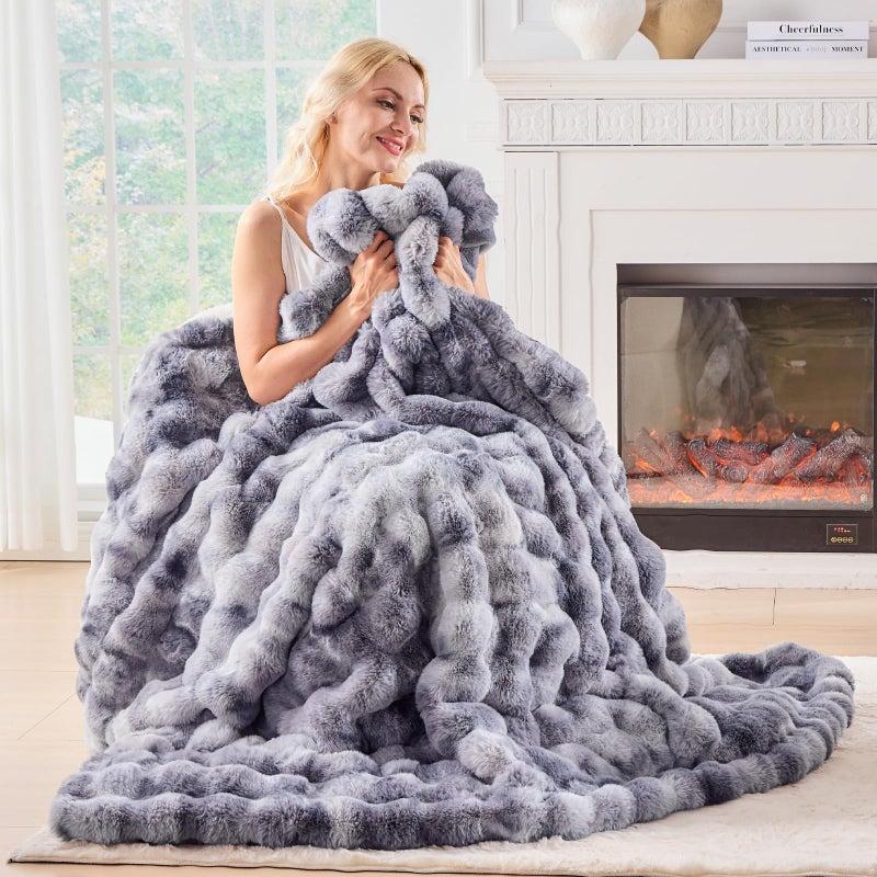 BENVWE Fluffy Faux Fur Throw Blanket for Couch - Soft, Plush, Thick, Cozy, Fuzzy Luxury Minky Bubble Blanket for Home Living Room Decor, Gifts for Women, Tie-dye Light Grey, 51" x 63", 1100GSM - Image 5