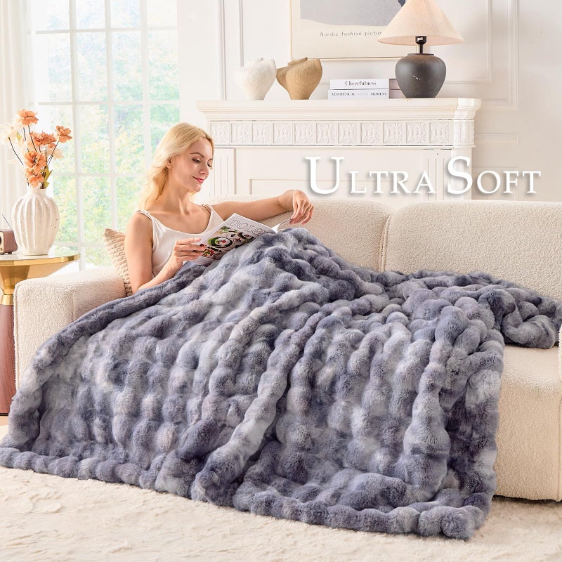 BENVWE Fluffy Faux Fur Throw Blanket for Couch - Soft, Plush, Thick, Cozy, Fuzzy Luxury Minky Bubble Blanket for Home Living Room Decor, Gifts for Women, Tie-dye Light Grey, 51" x 63", 1100GSM - Image 3