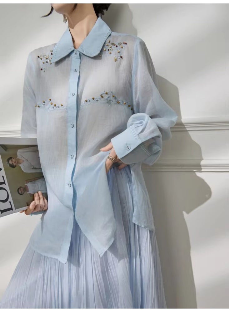 Women Oversized Embroidered Shirt Beaded Detail Blue Button Down Blouse Lightweight Casual Summer Loose Fit Top - Image 5