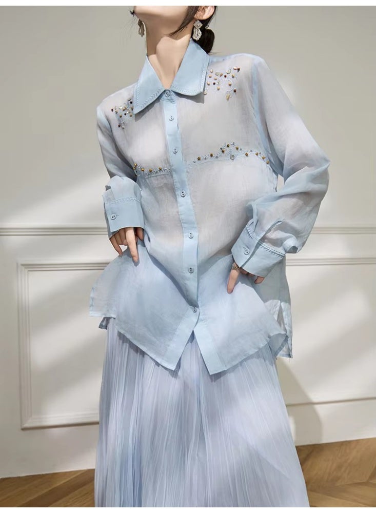 Women Oversized Embroidered Shirt Beaded Detail Blue Button Down Blouse Lightweight Casual Summer Loose Fit Top - Image 3