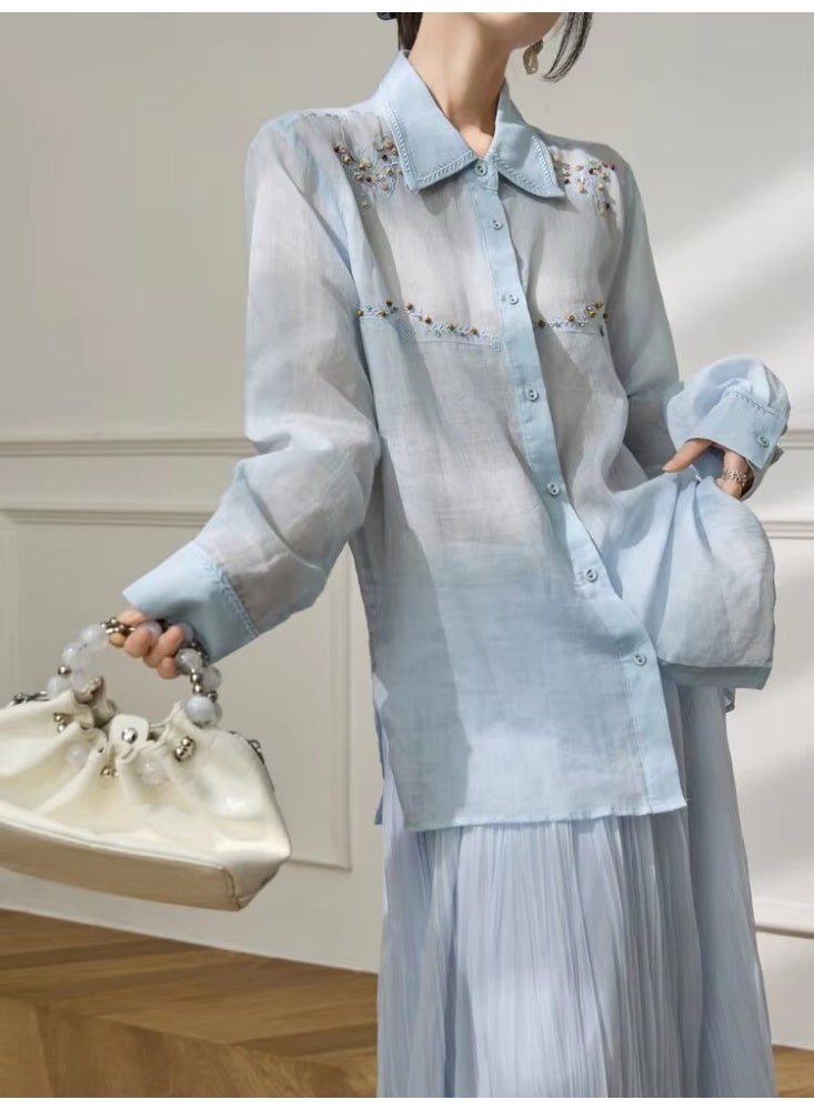 Women Oversized Embroidered Shirt Beaded Detail Blue Button Down Blouse Lightweight Casual Summer Loose Fit Top - Image 4