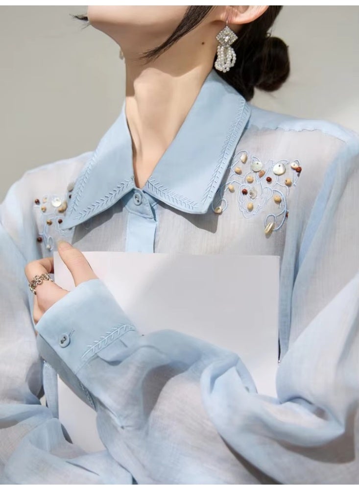 Women Oversized Embroidered Shirt Beaded Detail Blue Button Down Blouse Lightweight Casual Summer Loose Fit Top - Image 2