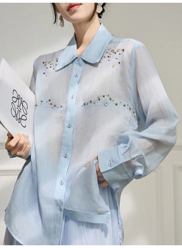 Women Oversized Embroidered Shirt Beaded Detail Blue Button Down Blouse Lightweight Casual Summer Loose Fit Top - Image 1