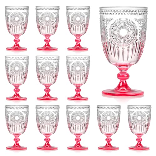 XUWAIDSGN 12Pcs Plastic Vintage Wine Glasses 13.5oz Reusable Embossed Goblet Glasses Pink Gradient Retro Wine Glassware Unbreakable Stemmed Champagne Water Cups for Wine Cocktail Juice Wedding - Image 1