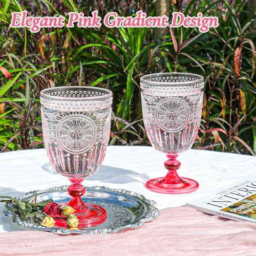 XUWAIDSGN 12Pcs Plastic Vintage Wine Glasses 13.5oz Reusable Embossed Goblet Glasses Pink Gradient Retro Wine Glassware Unbreakable Stemmed Champagne Water Cups for Wine Cocktail Juice Wedding - Image 3