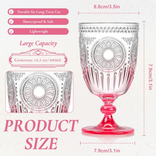 XUWAIDSGN 12Pcs Plastic Vintage Wine Glasses 13.5oz Reusable Embossed Goblet Glasses Pink Gradient Retro Wine Glassware Unbreakable Stemmed Champagne Water Cups for Wine Cocktail Juice Wedding - Image 4