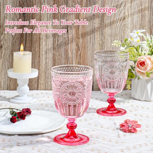 XUWAIDSGN 12Pcs Plastic Vintage Wine Glasses 13.5oz Reusable Embossed Goblet Glasses Pink Gradient Retro Wine Glassware Unbreakable Stemmed Champagne Water Cups for Wine Cocktail Juice Wedding - Image 2