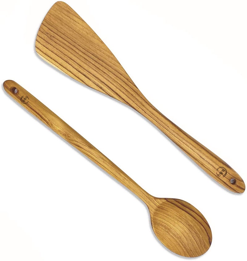 FAAY 125 Inch Wood Utensil Set 2 PCS Teak Wooden Right Hand Spatula  Flat Spoon 100 Natural from High Moist Resistance Teak Wood Healthy Wooden Spoon Spatula for Non Stick Cookware