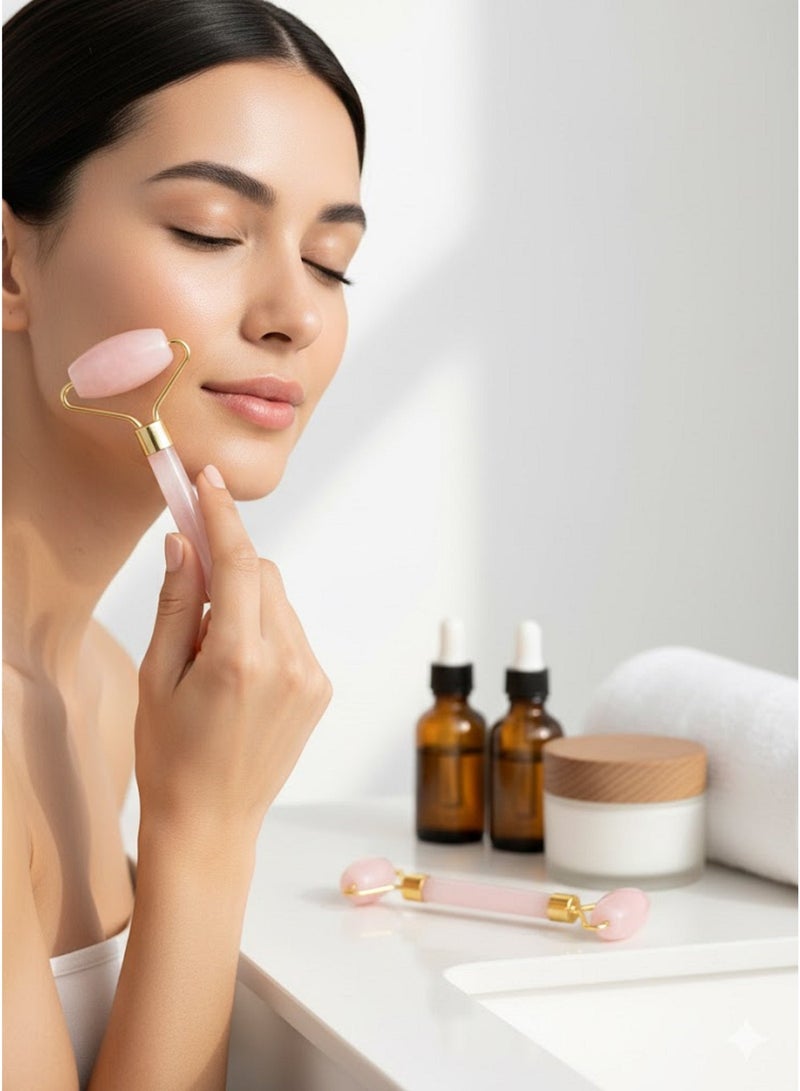 Natural stone face and neck roller – to stimulate collagen, promote skin radiance, and combat aging – 2 pieces – Rose color - Image 3