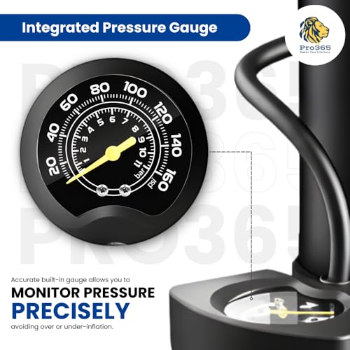 PRO365 Portable Foot Air Pump High Pressure with Pressure Gauge – Heavy Duty Metal Floor Pump for Car, Bicycle, Motorbike, Football & Tubeless Tyres (Black) - Image 4
