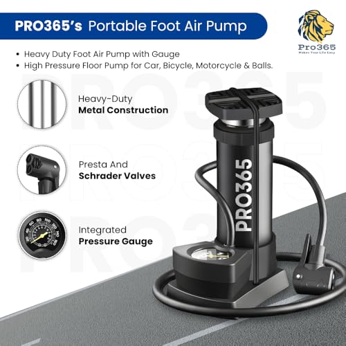 PRO365 Portable Foot Air Pump High Pressure with Pressure Gauge – Heavy Duty Metal Floor Pump for Car, Bicycle, Motorbike, Football & Tubeless Tyres (Black) - Image 2