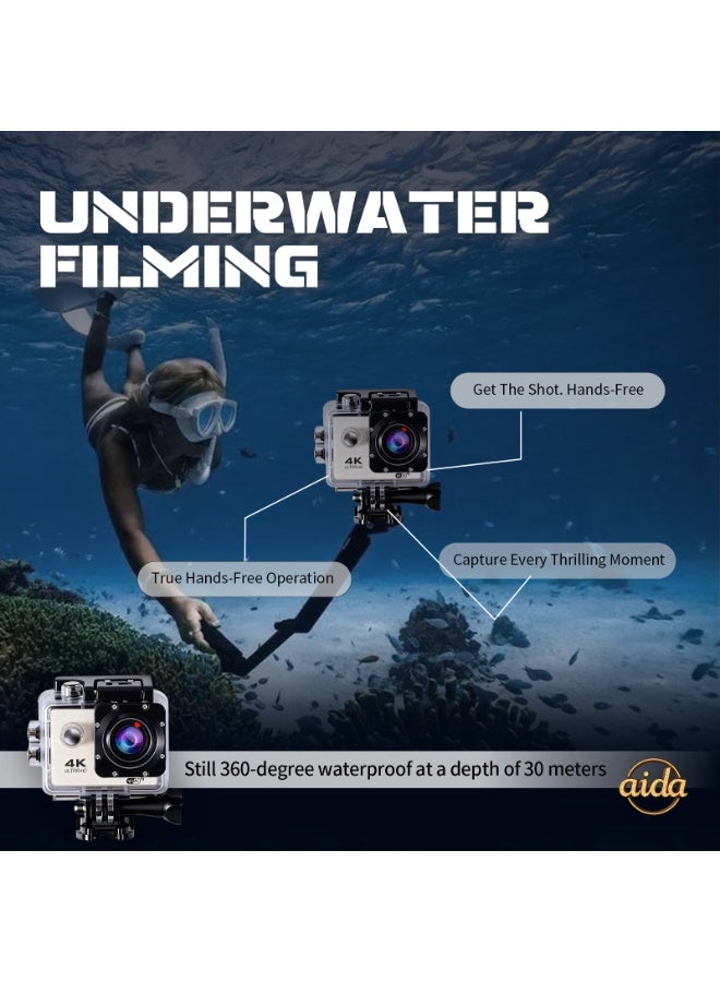 general Helmet camera, compact camera, 360-degree panoramic camera, 4K action camera, 1080P action camera (with waterproof housing), mini smart HD waterproof outdoor camera (white with 32GB memory card) - Image 4