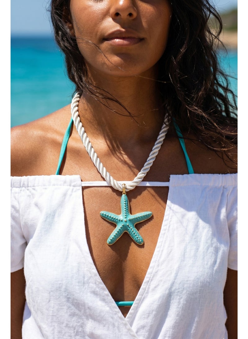 Shein Blue Starfish Rope Necklace White Twisted Beach Style Statement Piece - Image 1