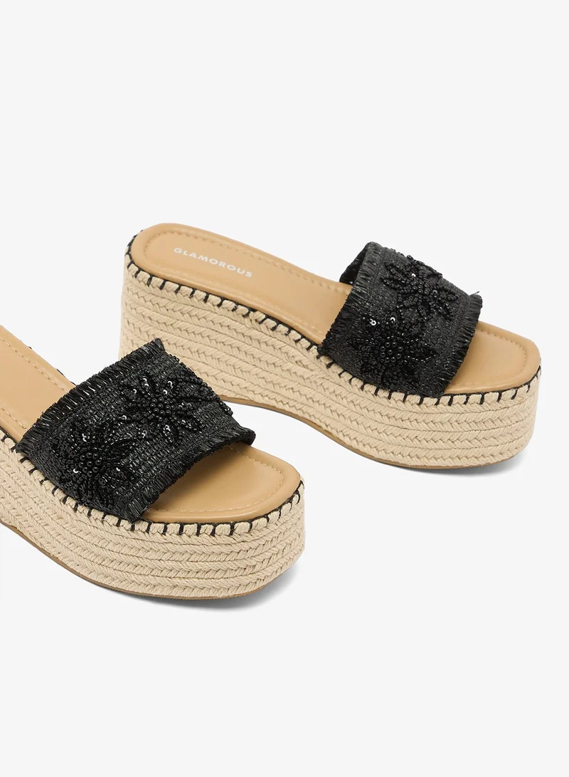 Glamorous BLACK Single Strap Mid Heel Wedge Sandals for Women | Best Price UAE