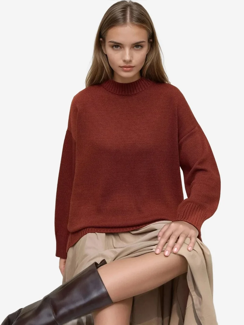 زوبعة كنزة صوفية سميكة بياقة دائرية وأكمام طويلة