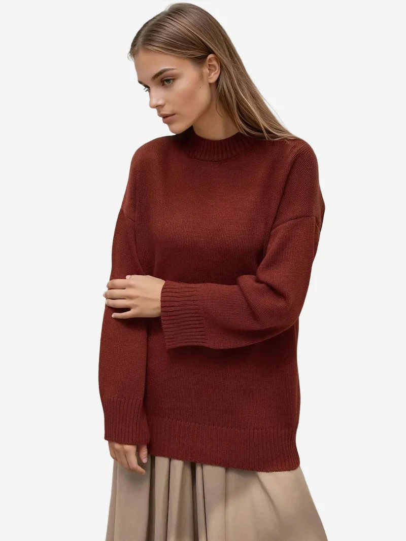 زوبعة كنزة صوفية سميكة بياقة دائرية وأكمام طويلة