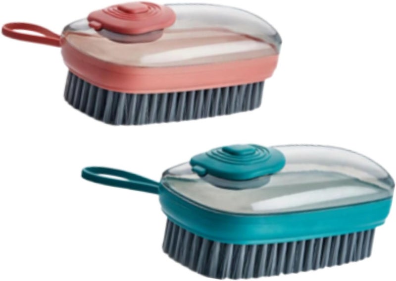 Eotia Soap Dispensing Shoe Cleaning Brush 2 Pack with Handle – Multipurpose Scrub Brush for Clothes, Tiles, Kitchen, Bathroom – Heavy Duty Bristles – Refillable – Multi-Color - Image 1