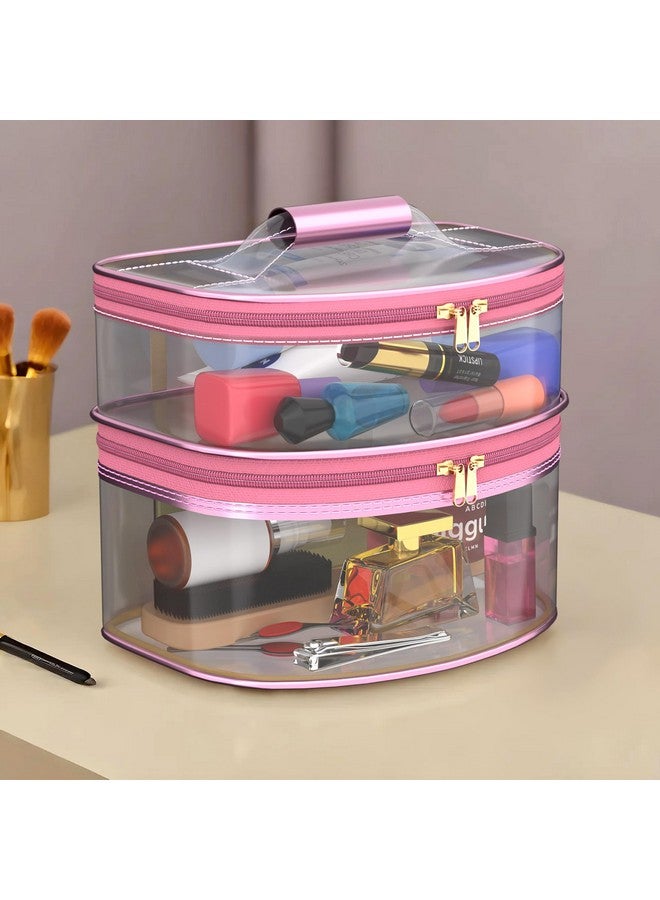 Hearts Travel Storage Organizer | Dual Layer Cosmetic Bag With Handle | Transparent Jewellery Kit | Travel Makeup Pouch | Toiletries Storage Kit | D Shapedesign | Pink - Image 1