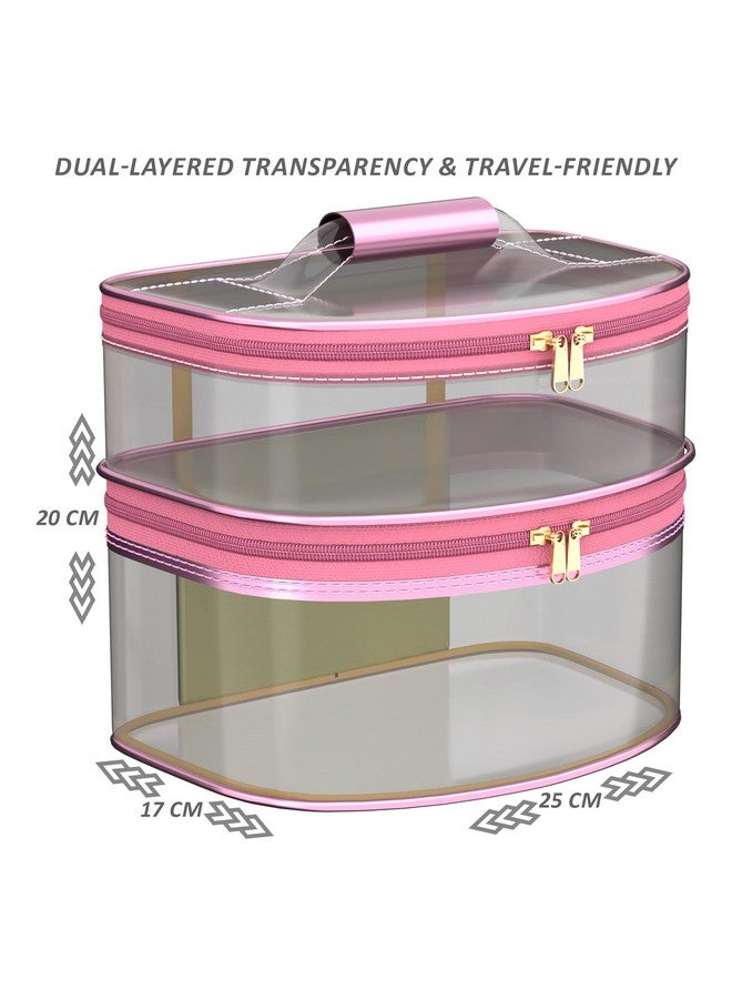 Hearts Travel Storage Organizer | Dual Layer Cosmetic Bag With Handle | Transparent Jewellery Kit | Travel Makeup Pouch | Toiletries Storage Kit | D Shapedesign | Pink - Image 3