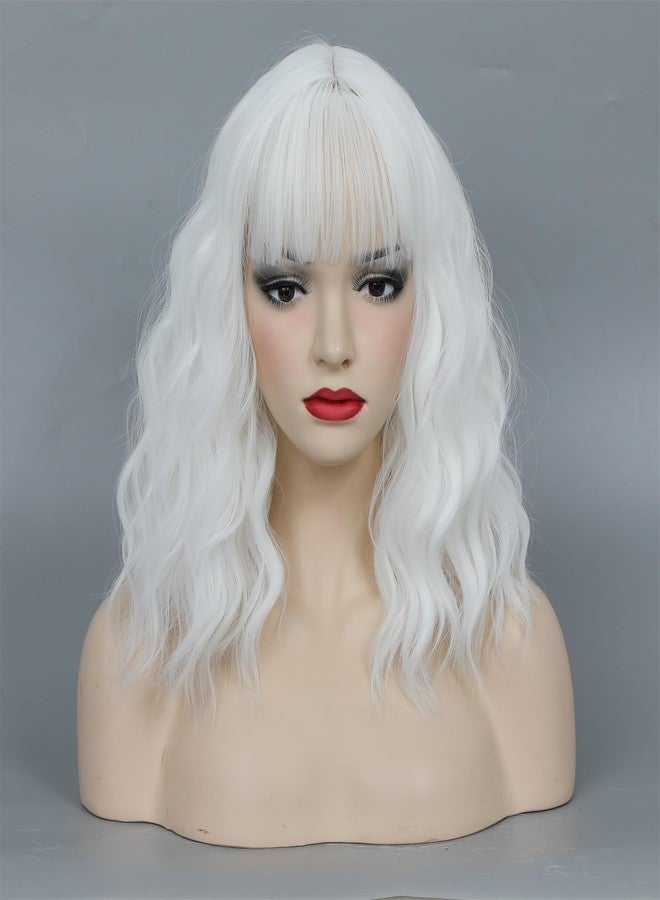 CLIONE White Wigs for Women Short Wavy White Wig with bangs Cosplay Wig Women Girl's Synthetic Wig Short Bob Wigs Shoulder Length White Wig For Daily Party Use Halloween Costume Wigs 14” - Image 2