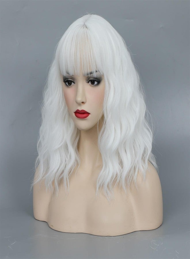 CLIONE White Wigs for Women Short Wavy White Wig with bangs Cosplay Wig Women Girl's Synthetic Wig Short Bob Wigs Shoulder Length White Wig For Daily Party Use Halloween Costume Wigs 14” - Image 3