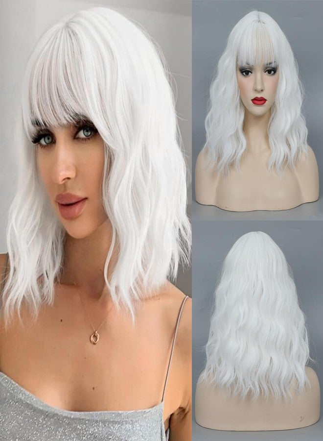 CLIONE White Wigs for Women Short Wavy White Wig with bangs Cosplay Wig Women Girl's Synthetic Wig Short Bob Wigs Shoulder Length White Wig For Daily Party Use Halloween Costume Wigs 14” - Image 1