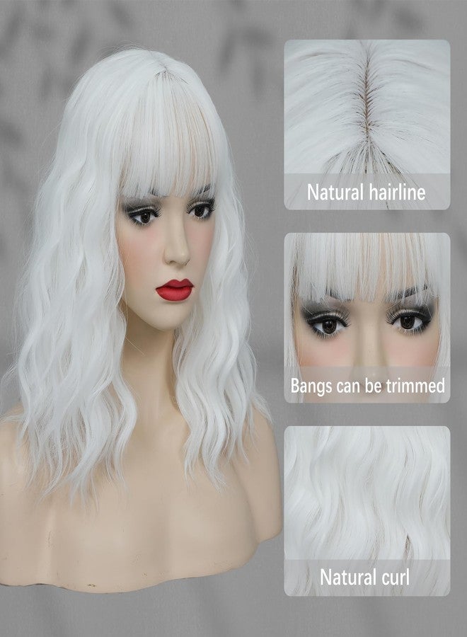 CLIONE White Wigs for Women Short Wavy White Wig with bangs Cosplay Wig Women Girl's Synthetic Wig Short Bob Wigs Shoulder Length White Wig For Daily Party Use Halloween Costume Wigs 14” - Image 5