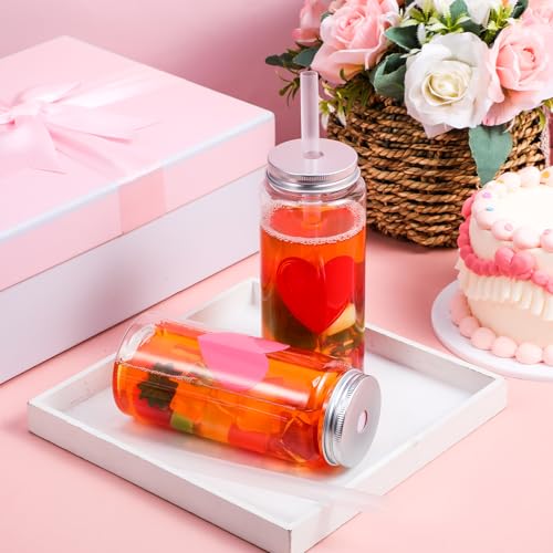 Vesici 12 Pack Valentine's Day Party Cups with Lid and Straw 13.5 oz Clear Reusable Plastic Tumblers Bulk Red Pink Heart Printed Design Cold Drink - Image 2