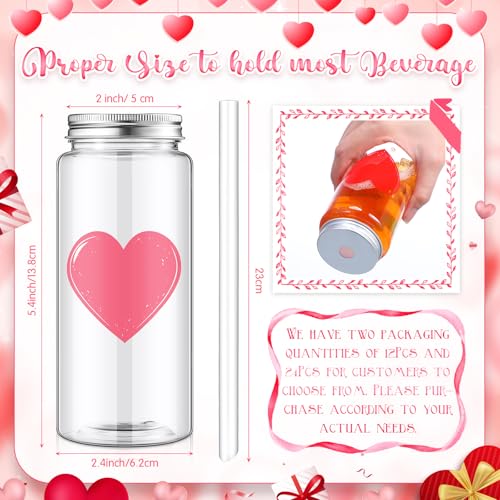 Vesici 12 Pack Valentine's Day Party Cups with Lid and Straw 13.5 oz Clear Reusable Plastic Tumblers Bulk Red Pink Heart Printed Design Cold Drink - Image 5