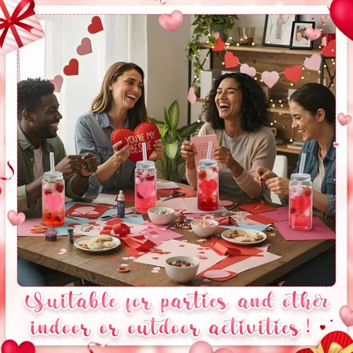 Vesici 12 Pack Valentine's Day Party Cups with Lid and Straw 13.5 oz Clear Reusable Plastic Tumblers Bulk Red Pink Heart Printed Design Cold Drink - Image 3