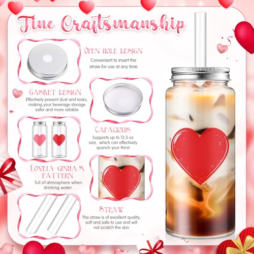 Vesici 12 Pack Valentine's Day Party Cups with Lid and Straw 13.5 oz Clear Reusable Plastic Tumblers Bulk Red Pink Heart Printed Design Cold Drink - Image 4