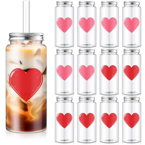 Vesici 12 Pack Valentine's Day Party Cups with Lid and Straw 13.5 oz Clear Reusable Plastic Tumblers Bulk Red Pink Heart Printed Design Cold Drink - Image 1