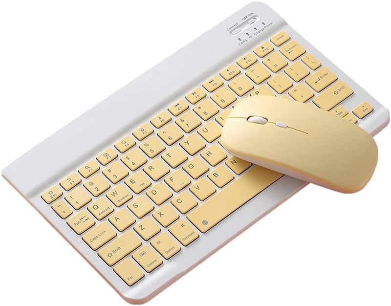 كلاراكو مجموعة لوحة مفاتيح وماوس لاسلكية محمولة صغيرة الحجم مزودة بتقنية البلوتوث 10\u201c وبطارية مدمجة قابلة لإعادة الشحن لأجهزة iPad والكمبيوتر اللوحي والكمبيوتر المكتبي والكمبيوتر المحمول بنظام Android مقاس 10 بوصات باللون الأصفر - Image 1
