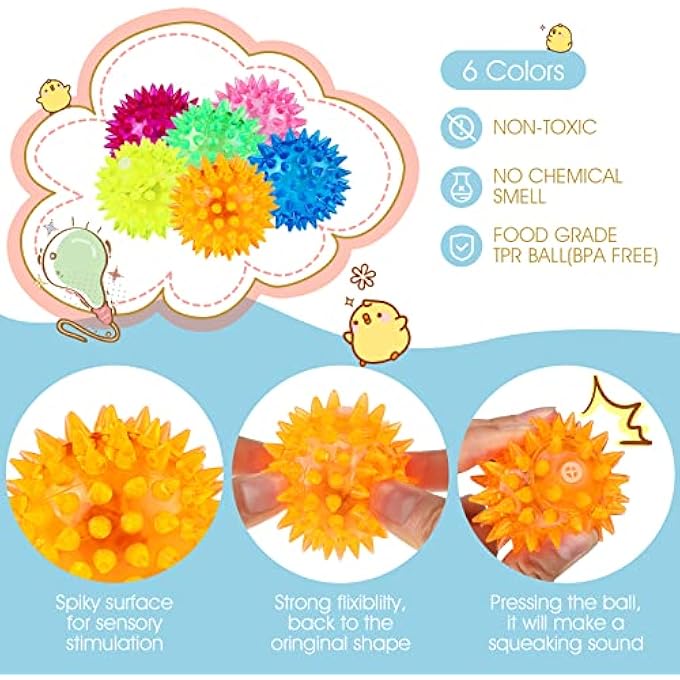 Charniol 60 Pack Light up Spike Rubber Ball Light up LED Spiky Ball Strobe Flashing Lights Sensory Toy Builder Blinking Sensory Bouncy Flash Stress Ball Therapy Balls for Adults, Teens, 2.17 Inch - Image 4