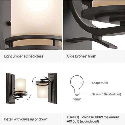 Kichler Hendrik 12” Wall Light Fixture in Olde Bronze with Umber Etched Glass, 1-Light Wall Lamp for Bedroom or Living Room, 5076OZ - Image 4
