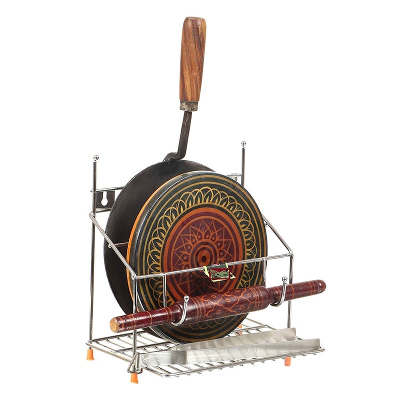 12FOR COLLECTION 12FOR COLLECTION Chakla Belan and Tawa Stand for Kitchen 100 RustFree Stainless Steel Rolling Pin Board Holder Wall Mount Stand 4 in1 Holder  - Image 3