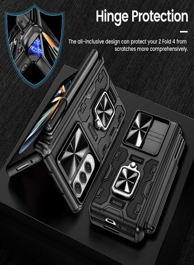 VEGO for Galaxy Z Fold 4 Case, with [S Pen Holder][Hinge Protection][360-degree Rotating Kickstand][Slide Camera Cover][Front HD Screen Protector] Protective Cover for Samsung Z Fold 4 - Black - Image 4