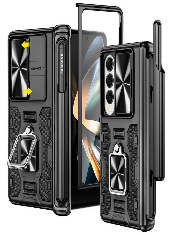 VEGO for Galaxy Z Fold 4 Case, with [S Pen Holder][Hinge Protection][360-degree Rotating Kickstand][Slide Camera Cover][Front HD Screen Protector] Protective Cover for Samsung Z Fold 4 - Black - Image 1