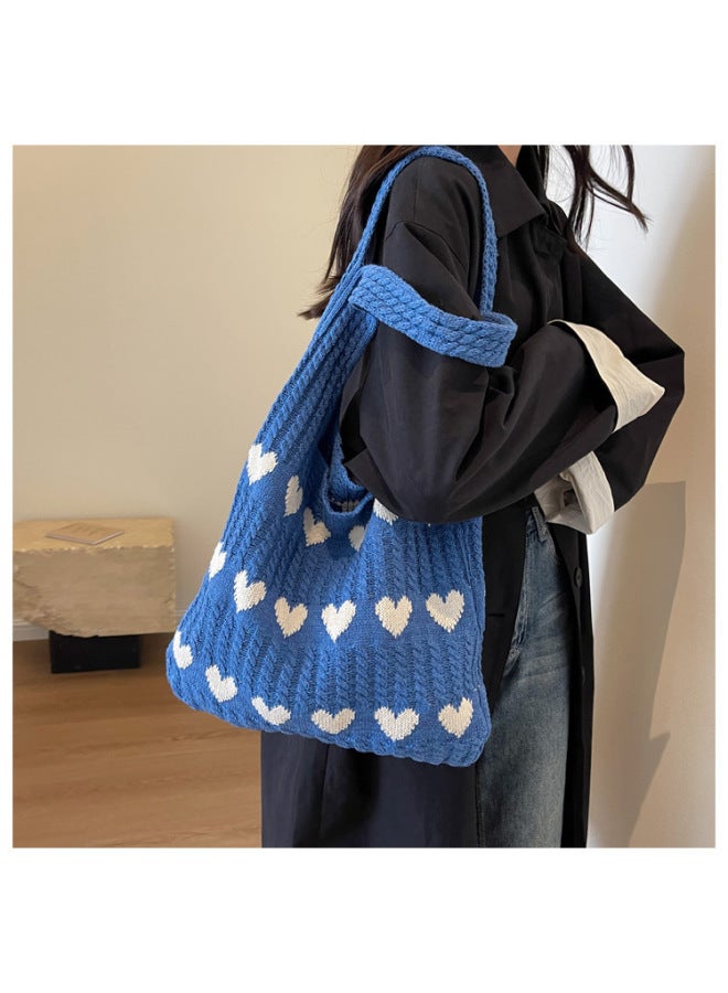 2023 Large Capacity Knitted Tote Bag Heart Pattern Supply Fashionable Ins Style Women's Shoulder Bag-Color:apricot With Red  - Image 5