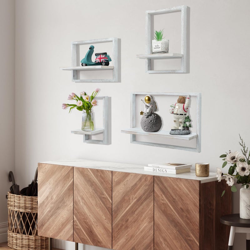PHOENANCEE Square Floating Shelves,Framed Wall Shelf Decorative Set of 4,Modern Plants Hanging Display Art Decor Storage for Livingroom Bedroom Bathroom Farmhouse,Home Light Wood,Rustic White - Image 2
