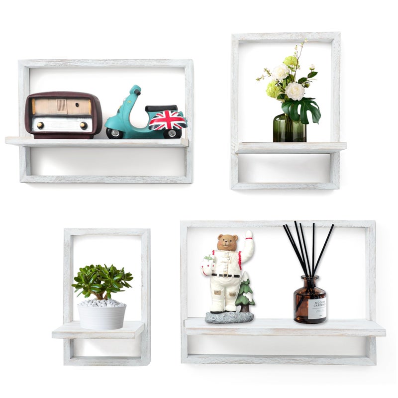 PHOENANCEE Square Floating Shelves,Framed Wall Shelf Decorative Set of 4,Modern Plants Hanging Display Art Decor Storage for Livingroom Bedroom Bathroom Farmhouse,Home Light Wood,Rustic White - Image 1