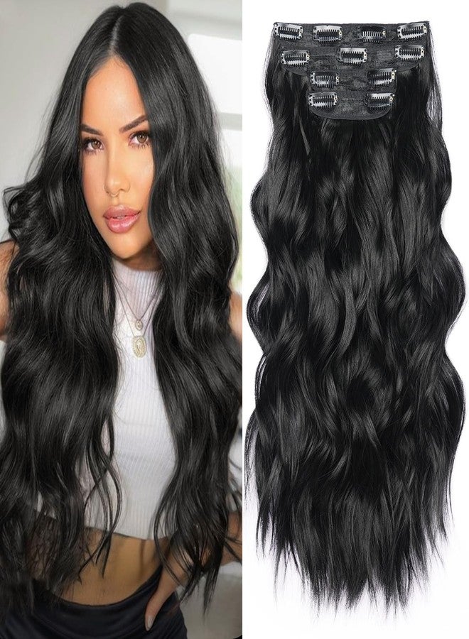 MAYSA Clip in Hair Extensions 4Pcs Long Wavy Natural Black Hair Synthetic Clip in Extensions 22 Inch for Women #1B - Image 1